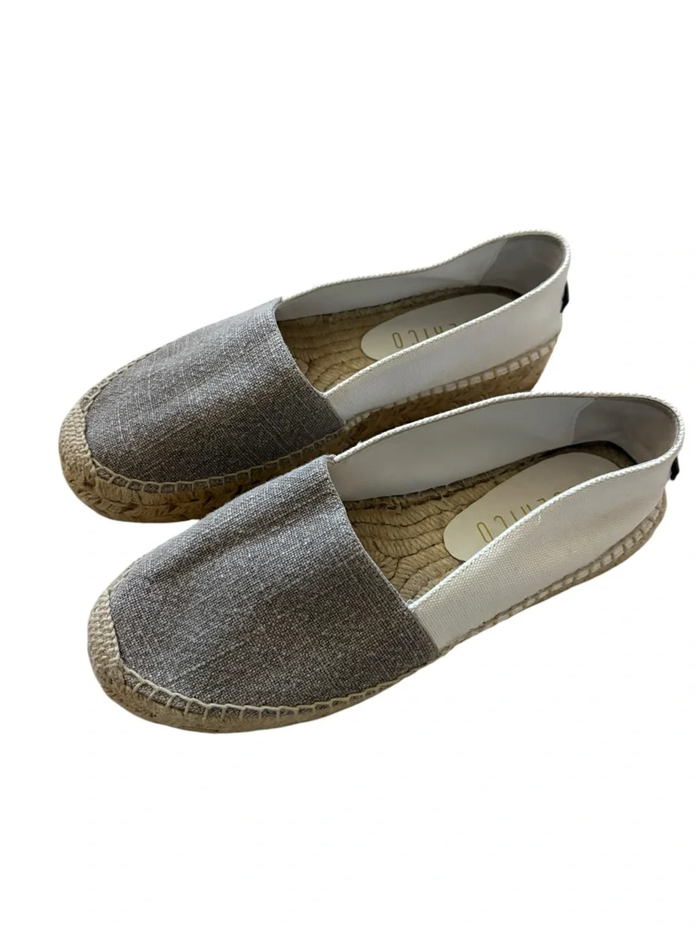 Peserico Linen Canvas Two Tone Espadrilles Flat Shoes Monili Detail Grey White